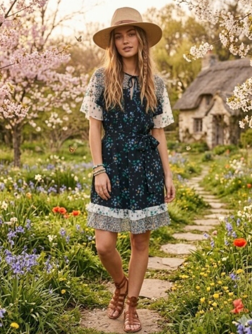 Ann Taylor Mixed Print Navy Floral Tie-Waist Ruffle Dress Size 0